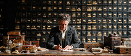 A man is focused on writing at a wooden desk filled with antique items surrounded by a wall of small drawers in a cozy historical setting.の素材