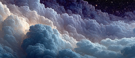 Vibrant clouds exhibit shades of blue and purple while stars twinkle above creating a mesmerizing dusk atmosphere and celestial beauty.の素材