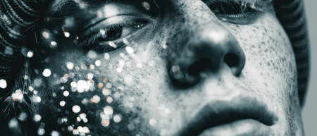 A detailed portrait of an individual showcasing sparkling effects capturing their intense gaze and unique features in a dramatic lighting.の素材