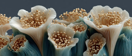 A cluster of intricate fungi resembling flowers with delicate petals and reproductive structures on a neutral background.の素材
