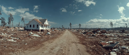 Devastation covers a rural area with uprooted trees destroyed homes and debris scattered across the ground following a tornado.の素材