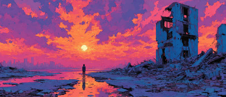 A solitary figure stands among crumbling structures as a breathtaking sunset casts vivid colors across the sky and ground.の素材