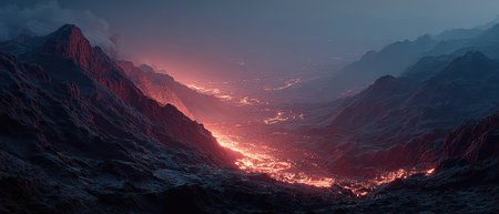 Reddish lava flows through a dark valley framed by towering mountains under a twilight sky creating a stunning natural scene.の素材