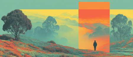 A person stands in a vibrant landscape filled with colorful trees and misty mountains at dawn enjoying the peaceful beauty of nature.の素材