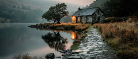 A cozy stone cabin sits by a calm lake surrounded by misty mountains and fields illuminated softly by morning light.の素材