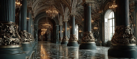Grand hall featuring intricate columns and luxurious decor illuminated by chandeliers evoking a sense of opulence and history in a majestic setting.の素材