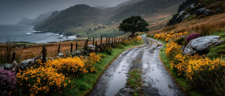 A winding road along the coast features vibrant yellow flowers and rocky terrain capturing the beauty of Irelands lush landscape under cloudy skies.の素材