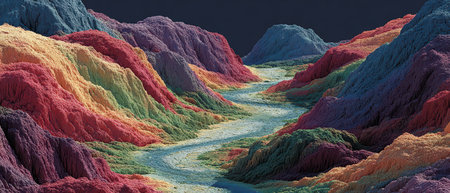 Vibrant hills in various shades create a striking landscape with a serene river flowing through the valley under a dark sky.の素材