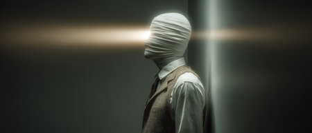 A person with their head wrapped in fabric stands against a wall emitting a stark light from the eye area in a shadowy environment.の素材