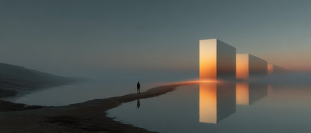 A solitary figure stands by a tranquil lake admiring three reflective structures that shimmer in the early morning light.の素材