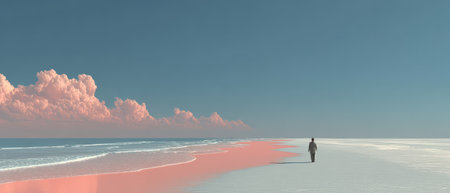 A solitary figure strolls on a quiet beach during twilight with soft waves lapping at the shore and colorful clouds overhead.の素材