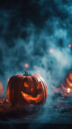 A carved pumpkin grins amidst a smoky setting with glowing lights creating a mysterious festive Halloween vibe at night.の素材