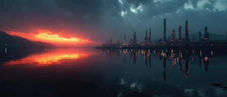 Bright sunset illuminates the sky as an industrial refinery reflects on calm water. Smoke stacks and silhouettes create a striking contrast.の素材