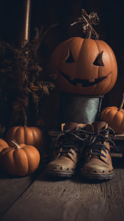 A rustic display of pumpkins and old boots creates a cozy autumn atmosphere highlighting seasonal charm and Halloween spirit.の素材