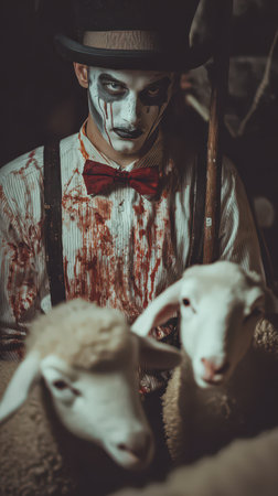 A frightening clown in a vintage outfit stands with two sheep covered in fake blood and surrounded by dim eerie lighting.の素材