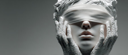 A striking sculpture depicts a blindfolded figure holding its head with delicate textured hands representing themes of perception and emotion.の素材
