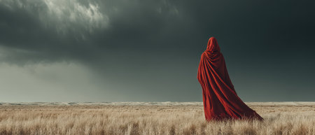 A cloaked figure in vibrant red gazes toward dark storm clouds over a vast field evoking a sense of mystery and contemplation.の素材