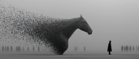 A person stands before a horse formed by swirling birds in a foggy landscape surrounded by shadowy figures in the distance.の素材