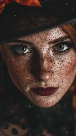 A woman with vibrant red hair and distinct freckles gazes intensely showcasing her bold makeup and unique style.の素材