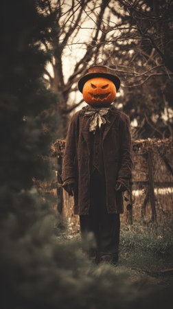 A figure wearing a pumpkin head and vintage clothing stands still among autumn trees adding a spooky atmosphere to the garden.の素材