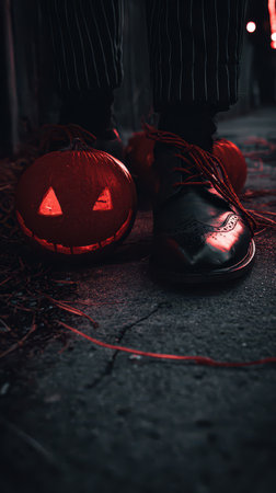 A pair of shiny shoes stands beside glowing jack o lanterns on a dimly lit street where decorative elements create a festive atmosphere.の素材