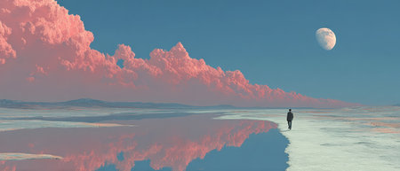 A solitary figure walks on a vast salt flat surrounded by stunning pink clouds under a glowing moon during twilight.の素材