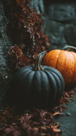 Two pumpkins sit on a stone surface surrounded by autumn leaves showing a black pumpkin and a bright orange variety symbolizing fall.の素材