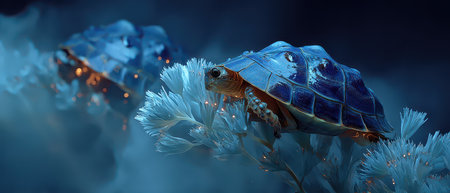 Two turtles explore bioluminescent flora in an enchanting underwater environment. The glowing plants illuminate the serene surroundings.の素材