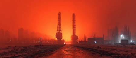 Workers operate machinery in a striking industrial area bathed in a surreal orange glow from the surrounding lights and fog.の素材