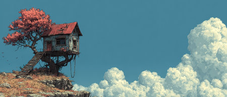 A unique treehouse with a red metal roof stands on a rocky hill surrounded by bright clouds and a pink tree in the foreground.の素材