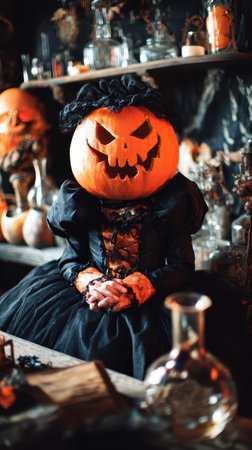 A character with a carved pumpkin head sits quietly among decorative pumpkins and glass jars dressed in dark attire creating an eerie atmosphere.の素材