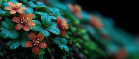 Small orange flowers with dew drops blossom among vibrant green leaves in a natural setting showing the beauty of a serene environment.の素材