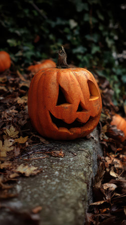 A carved pumpkin with a cheerful face sits on a stone path surrounded by fallen leaves and scattered pumpkins creating a festive autumn atmosphere.の素材