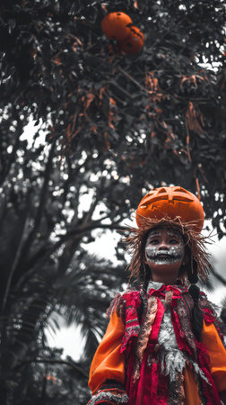 A scarecrow dressed in colorful clothing with a pumpkin for a hat stands among the trees during a gloomy autumn day.の素材