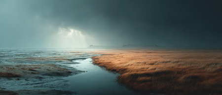 A stormy sky looms over golden grasses and a winding stream as light breaks through the clouds creating a striking contrast.の素材