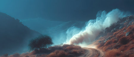 A winding dirt road in a mountainous area is covered with a dust cloud revealing the rugged terrain and sparse vegetation.の素材