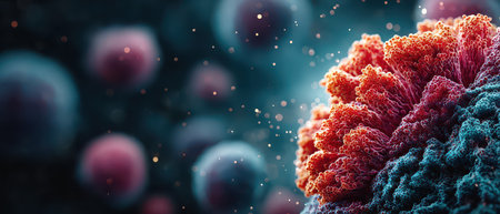 Colorful coral formations showcase intricate textures and are surrounded by small marine organisms in a serene underwater environment.の素材