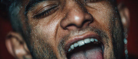 A man expresses strong emotions while shouting droplets of water glistening on his face under vibrant lighting creating a powerful visual impact.の素材
