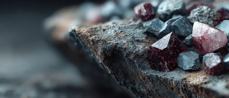 Colorful gemstones and minerals are clustered on a textured rocky surface highlighting their unique shapes and natural beauty.の素材