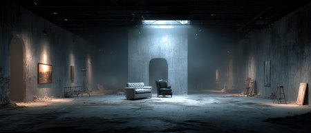 An empty gallery space features a white couch and a black chair illuminated by a skylight. Dust and debris surround blank walls and bare floors.の素材