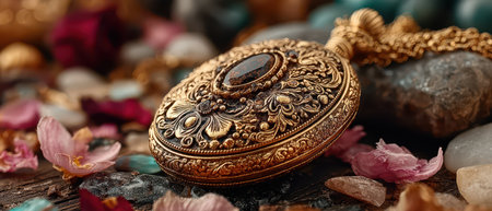 A beautifully crafted vintage gold locket is placed among colorful stones and soft petals creating an elegant and romantic atmosphere.の素材