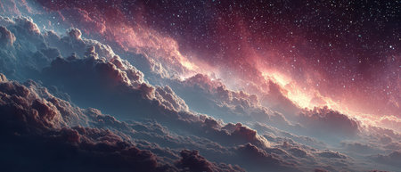 Vibrant clouds illuminated by starlight create a breathtaking cosmic display in the night sky showingcasing colors of purple pink and blue.の素材