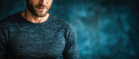 A muscular man smiles softly while wearing a dark sweater. The blue background adds a calm ambiance enhancing his confident presence.の素材