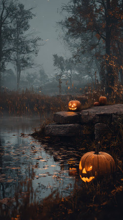 Glowing pumpkins rest on stones by a calm waterway as twilight sets in surrounded by dark trees and falling leaves.の素材