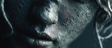 This close up view features a statue with a rough texture and delicate facial details showing artistry and craftsmanship in its design.の素材