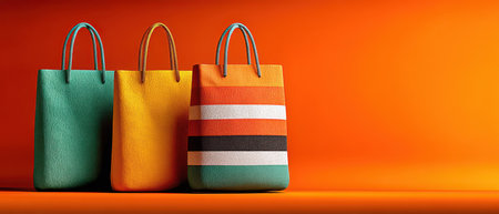 Three vibrant tote bags in teal yellow and striped design sit against a bright orange background showing stylish accessories.の素材