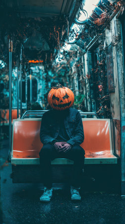 A figure sits alone on an empty subway bench wearing a pumpkin for a head surrounded by eerie decorations creating a haunting atmosphere.の素材