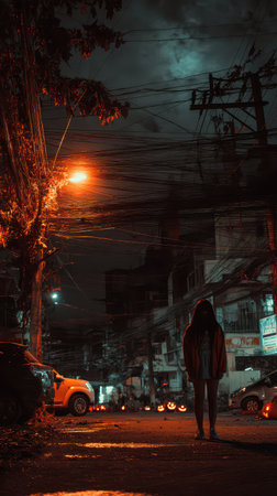 A figure stands alone on a dimly lit street under an orange streetlight highlighting the surrounding buildings and tangled wires.の素材