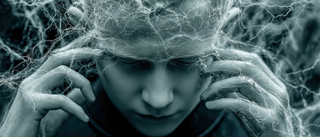 A young person appears in deep concentration surrounded by striking visual representations of energy or thought suggesting mental strength.の素材