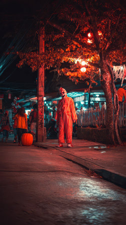 A clown stands eerily in a dimly lit street during a Halloween festival surrounded by festive decorations and colorful lights.の素材